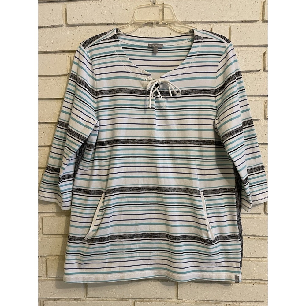 T by Talbots Womens Shirt Top Size Lg White Blue Striped Lace Up Kangaroo Pocket